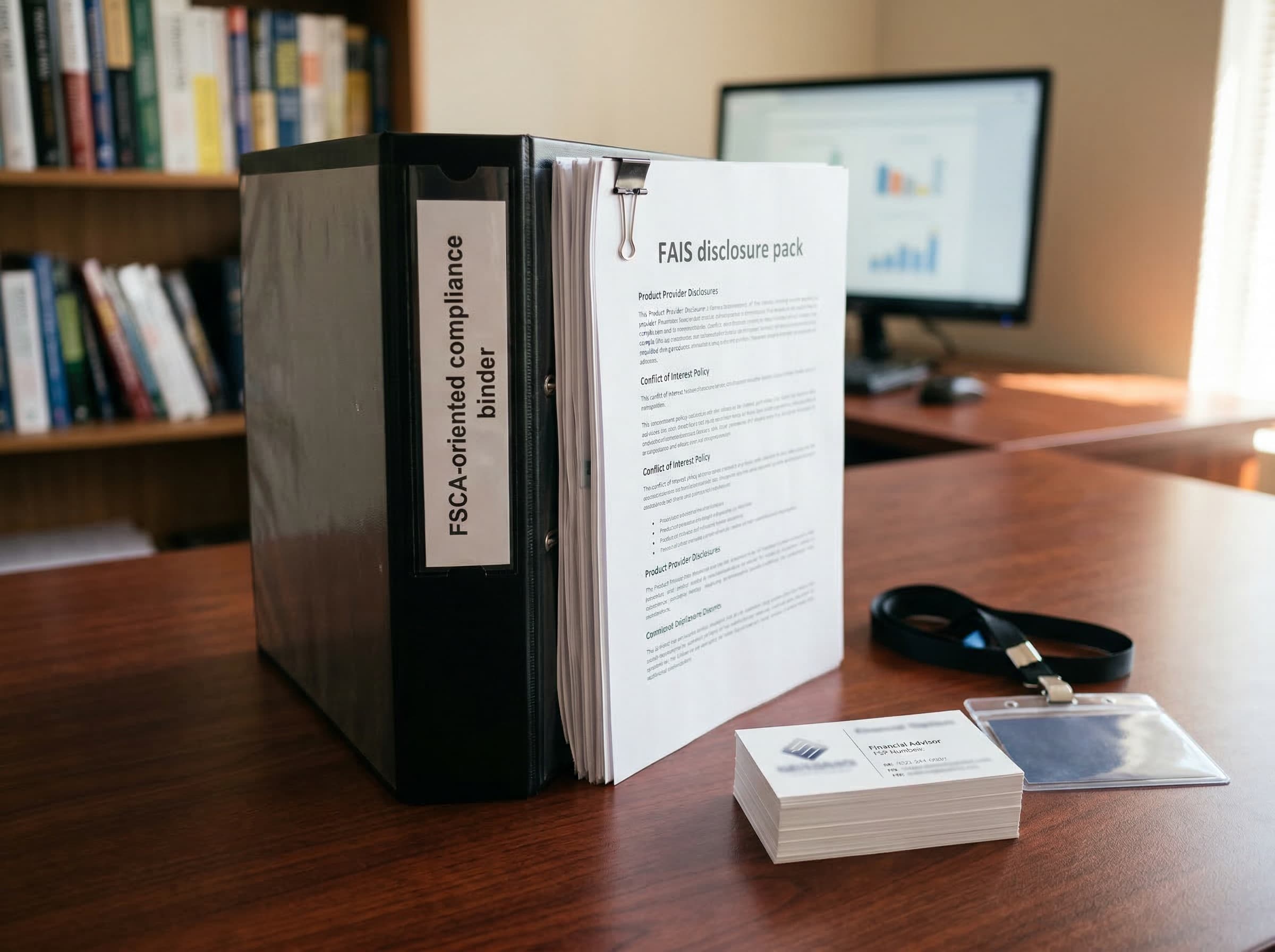 Financial planning documents and compliance folders on adviser desk, no people