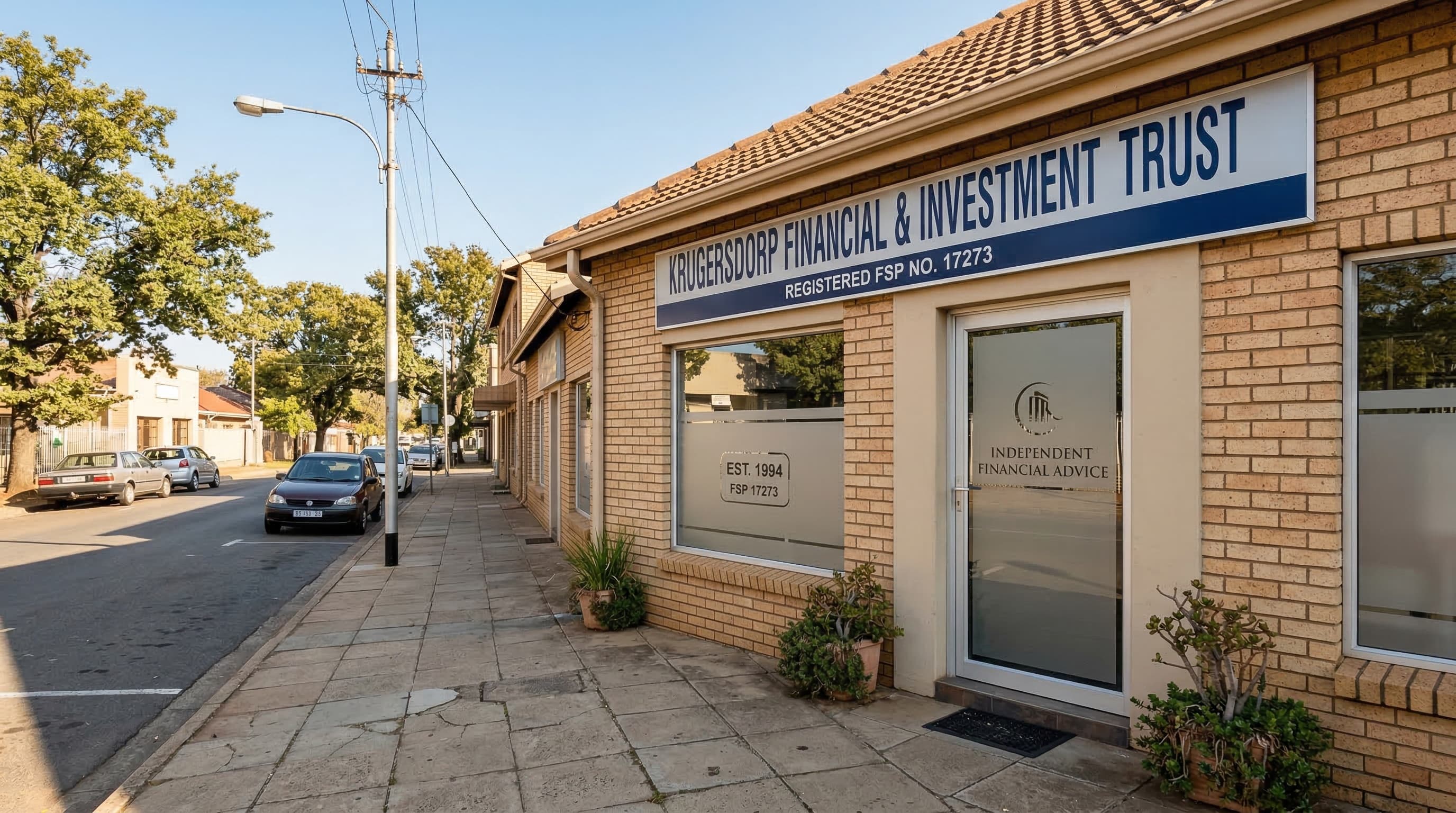Local West Rand IFA office exterior or empty client meeting room, no people