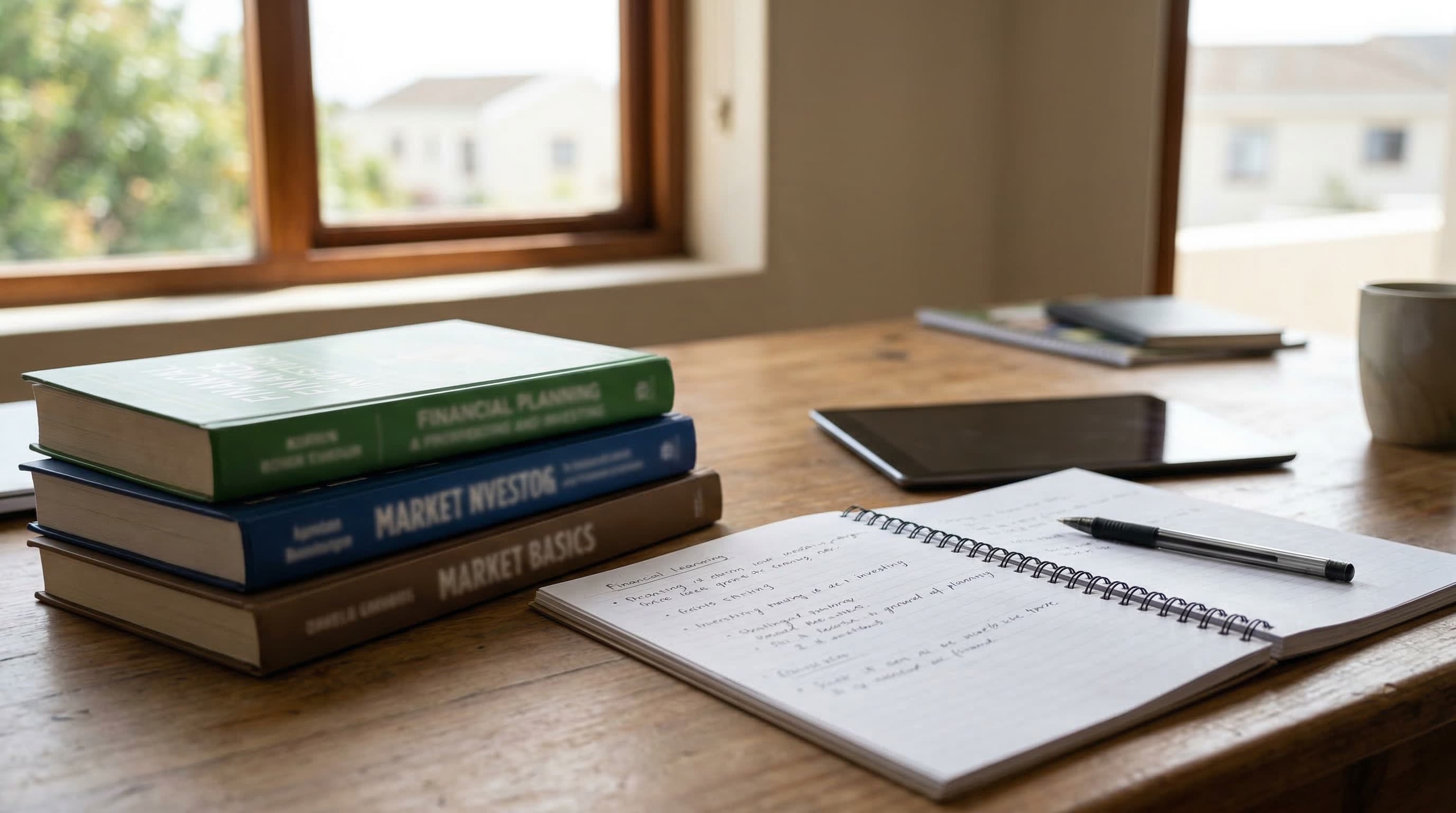 Finance books and notebook for learning before an adviser meeting, no people