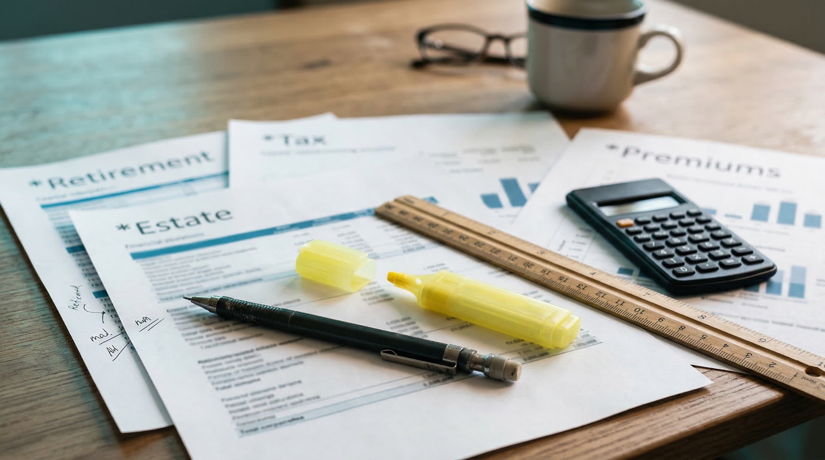 Calculator planning sheets for retirement, tax, estate and premiums on a desk, no people