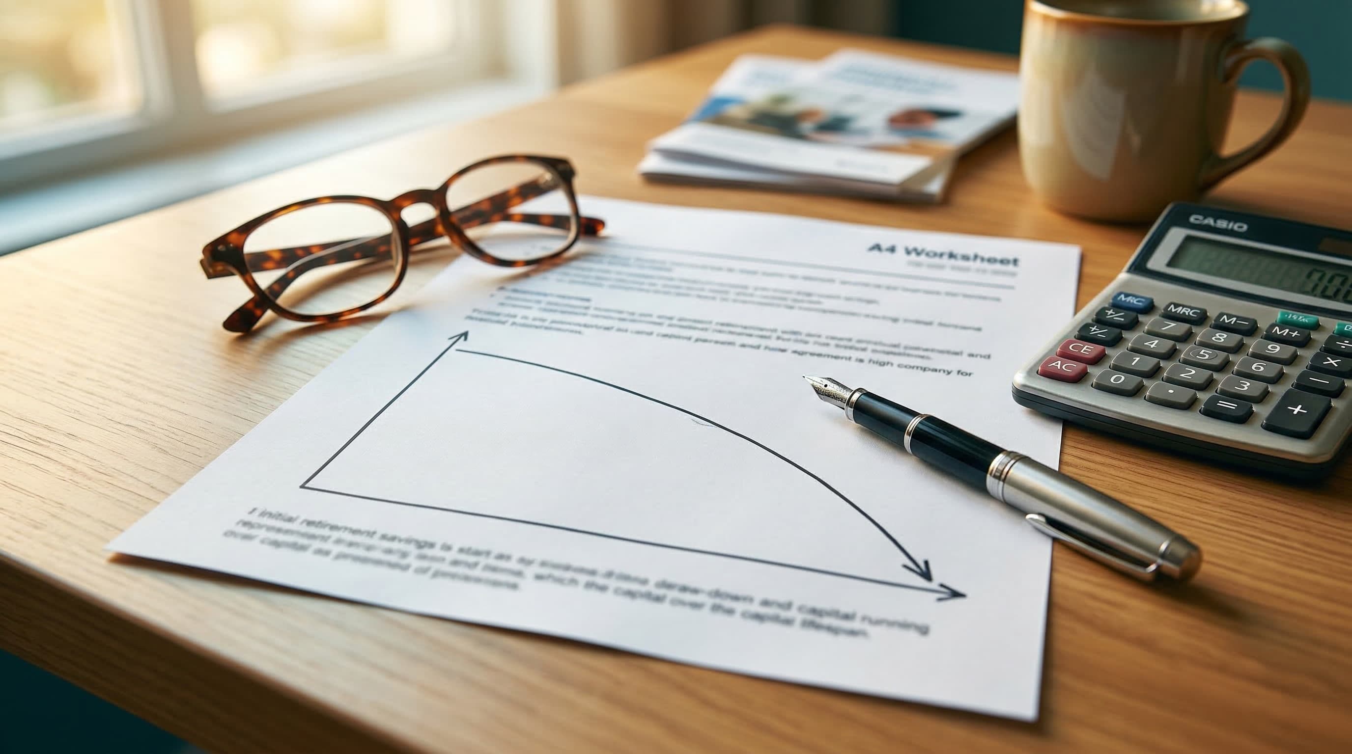 Retirement drawdown planning desk: worksheet, calculator, pen, no people
