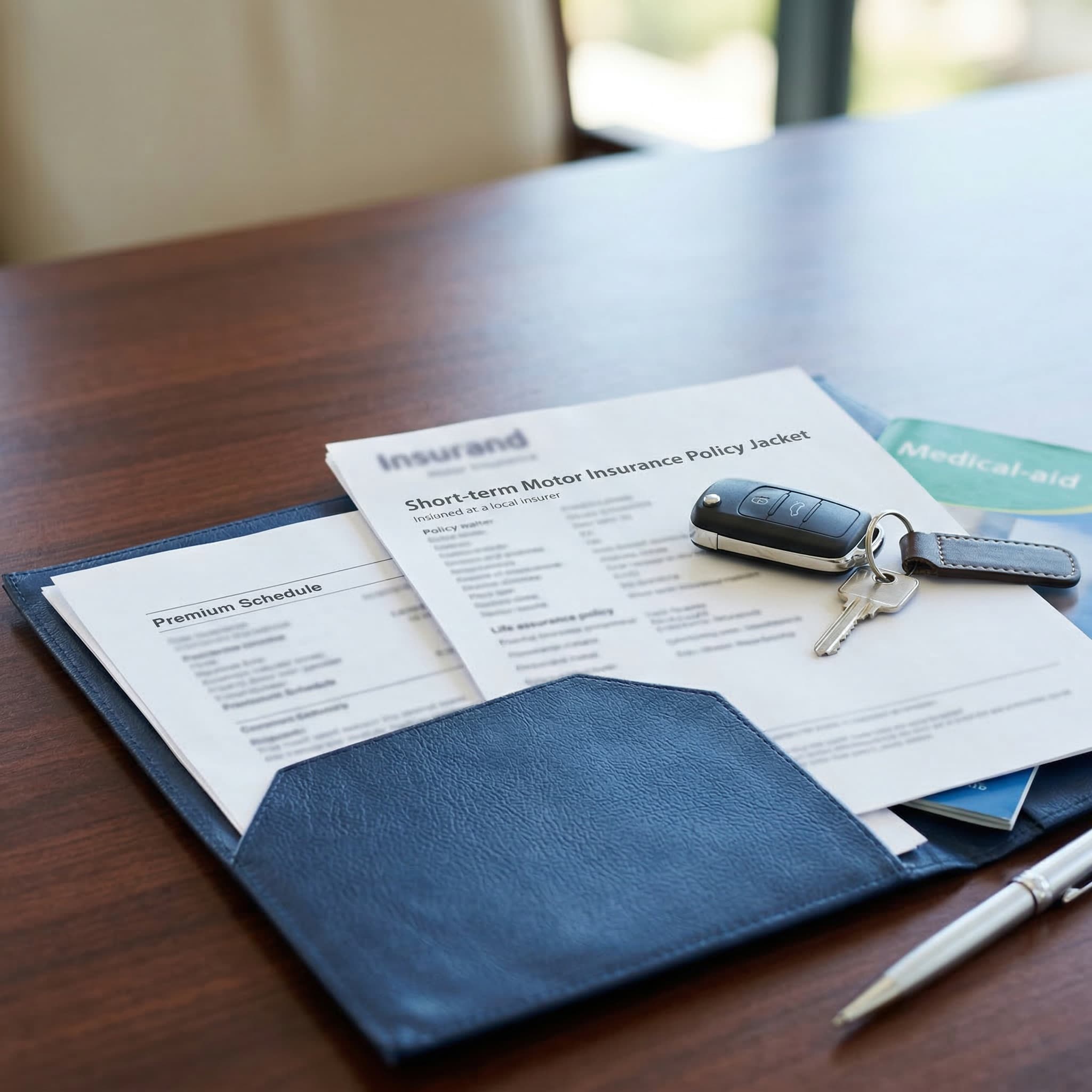Short-term motor policy folder, keys, and medical-aid leaflet on adviser desk