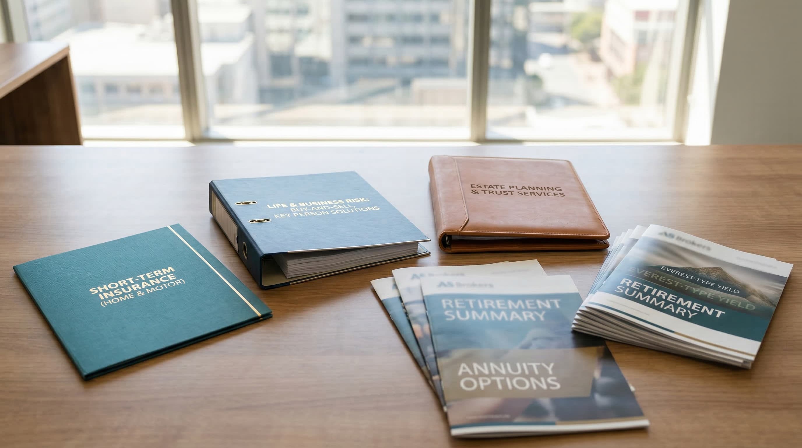 Full-service IFA desk: insurance, estate, retirement and structured yield folders, no people